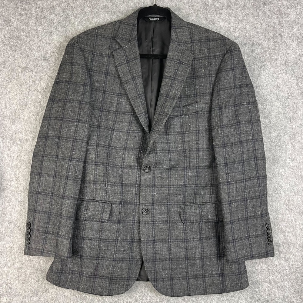 Jos A Bank Wool Silk Linen Blazer Sport Coat Mens 40R Gray Windowpane 2 Button